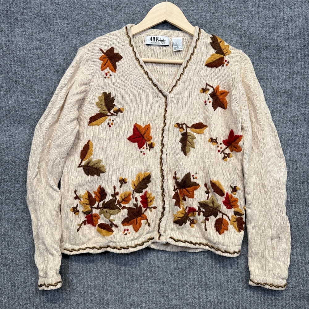 All Points Vintage Sz Small Cardigan Cream Fall Leaves Cottagecore Ramie Cotton